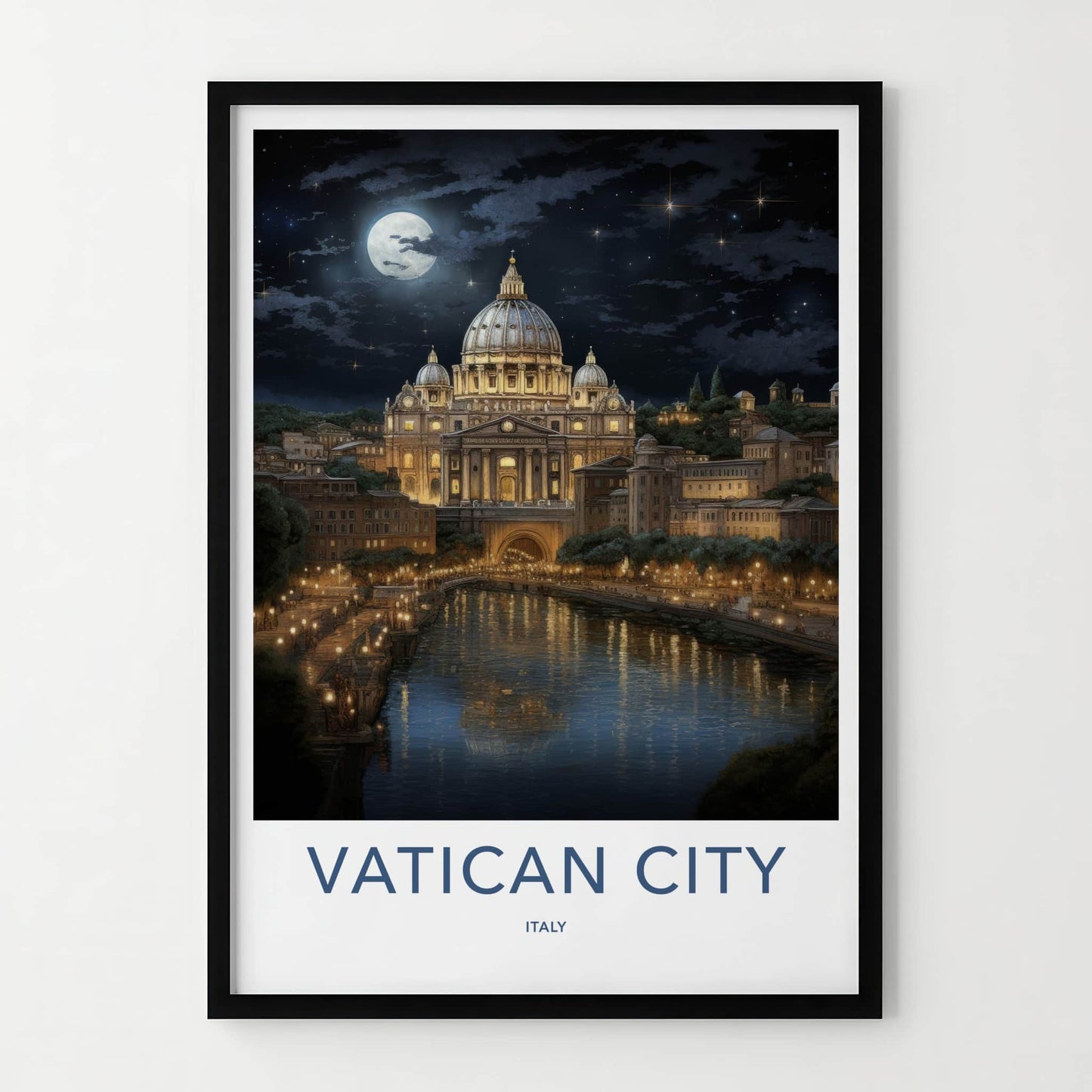 Vatican City Poster - Italy Travel Art - Moonlit River City Home Decor