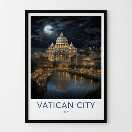 Vatican City Poster - Italy Travel Art - Moonlit River City Home Decor