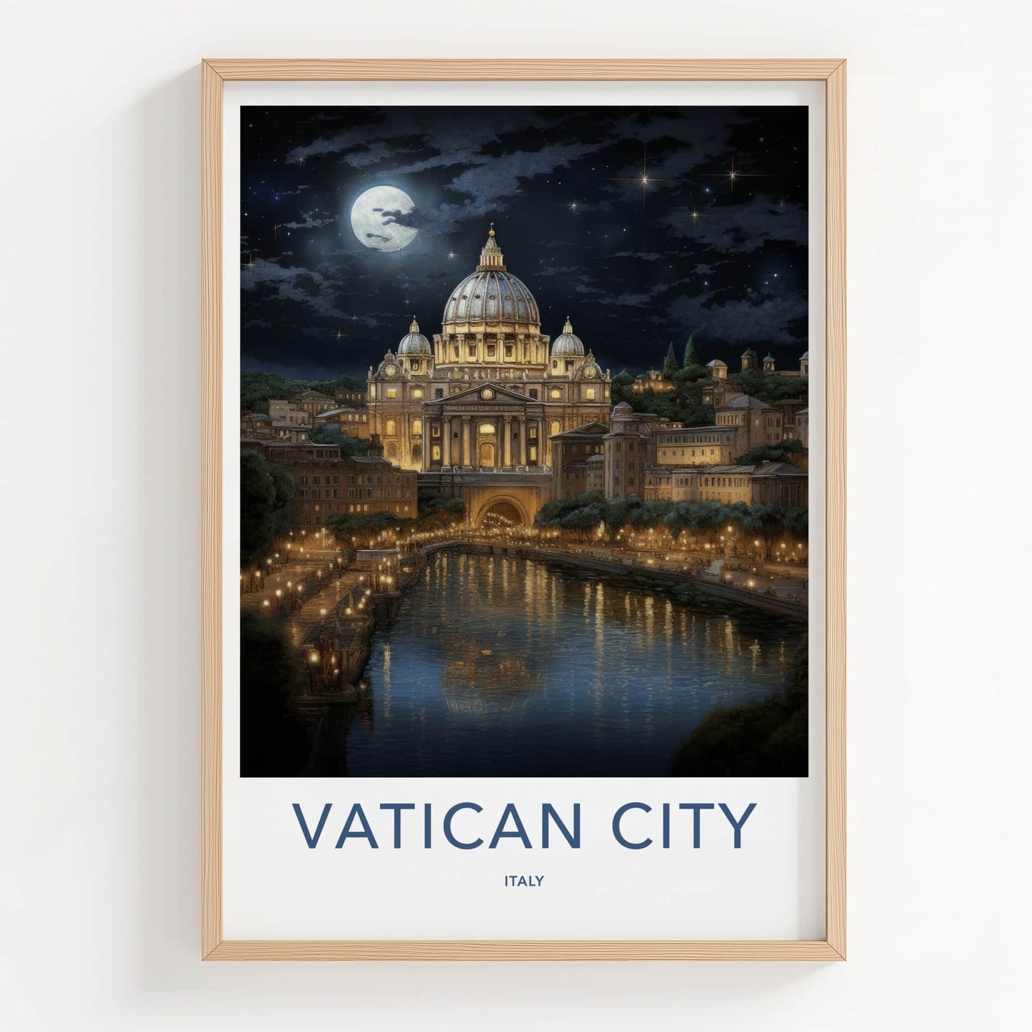 Vatican City Poster - Italy Travel Art - Moonlit River City Home Decor