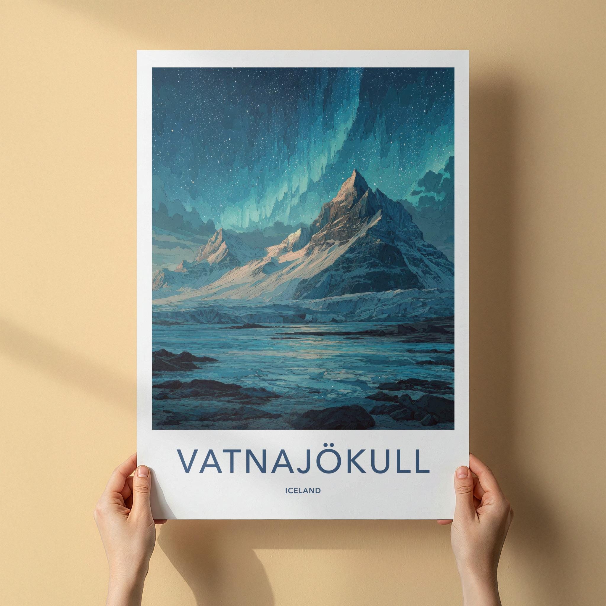Vatnajokull Poster - Iceland Travel Art - Northern Lights Glacier Home Decor