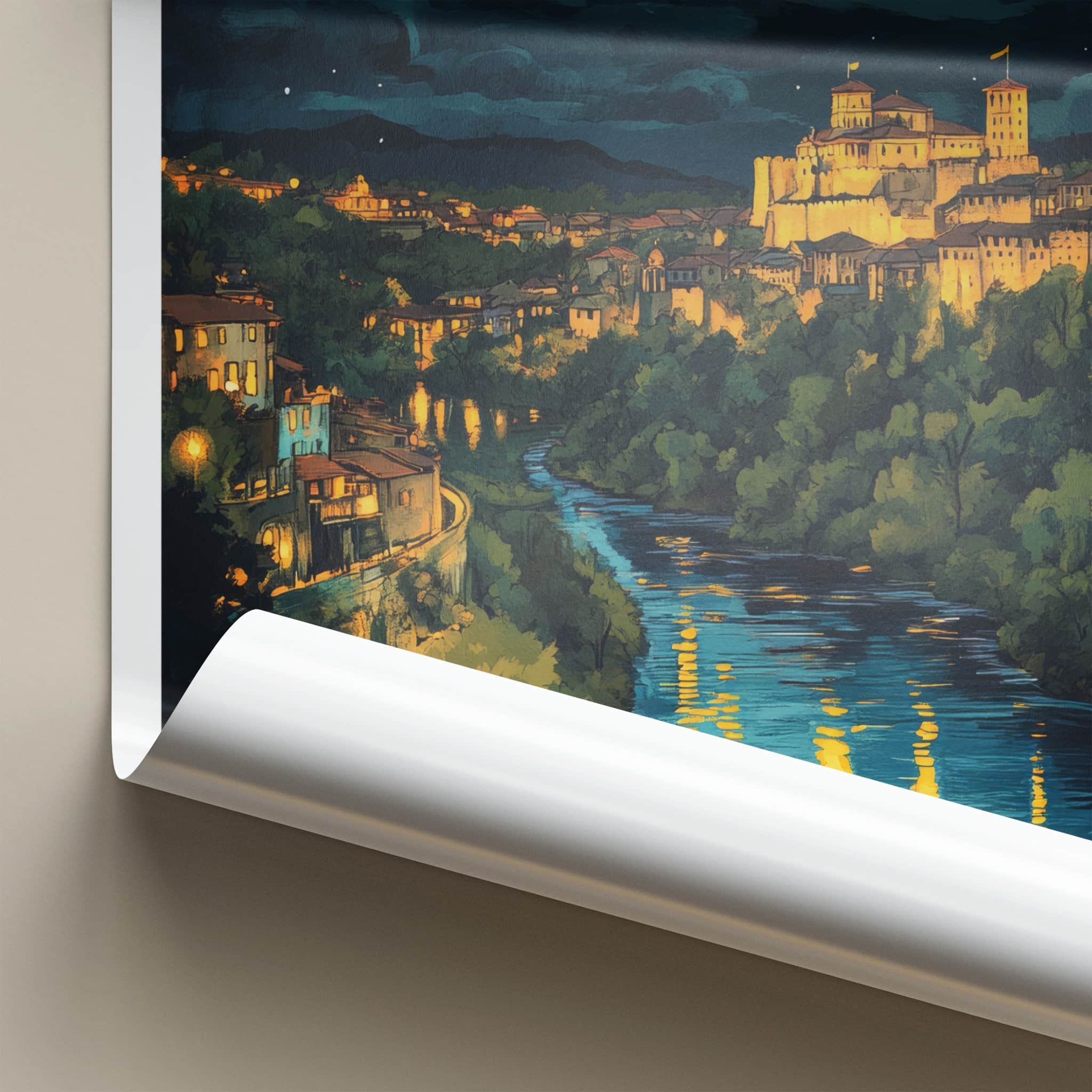 Veliko Tarnovo Poster - Bulgaria Travel Art - Moonlit fortress river Home Decor