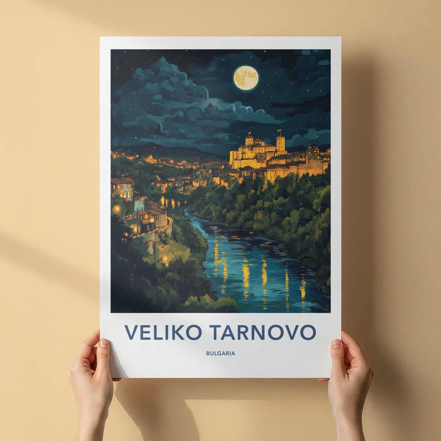 Veliko Tarnovo Poster - Bulgaria Travel Art - Moonlit fortress river Home Decor