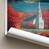 Vermont Poster - Vermont Travel Art - Autumn Church Mountains Home Decor