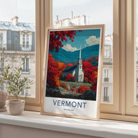 Vermont Poster - Vermont Travel Art - Autumn Church Mountains Home Decor