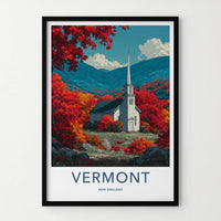 Vermont Poster - Vermont Travel Art - Autumn Church Mountains Home Decor