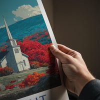 Vermont Poster - Vermont Travel Art - Autumn Church Mountains Home Decor