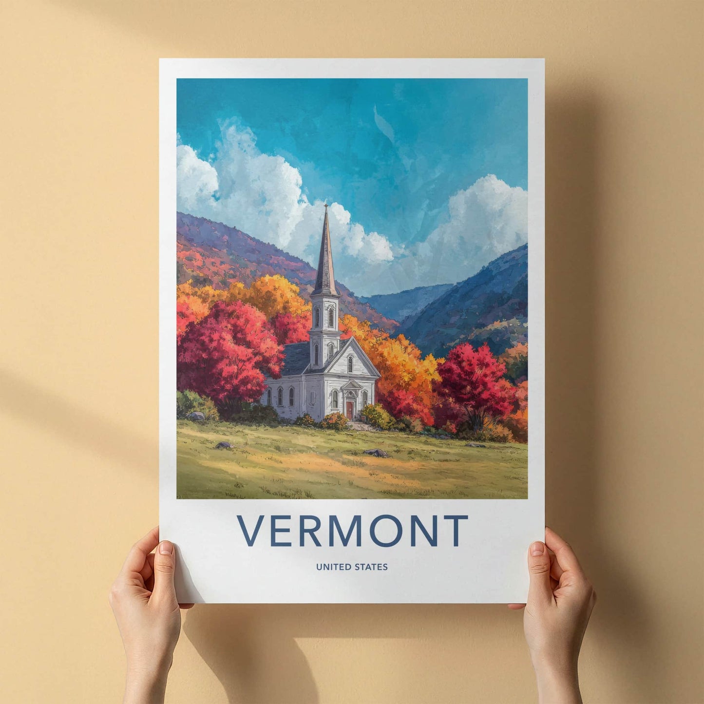 Vermont Poster - Vermont Travel Art - Hillside White Church Home Decor