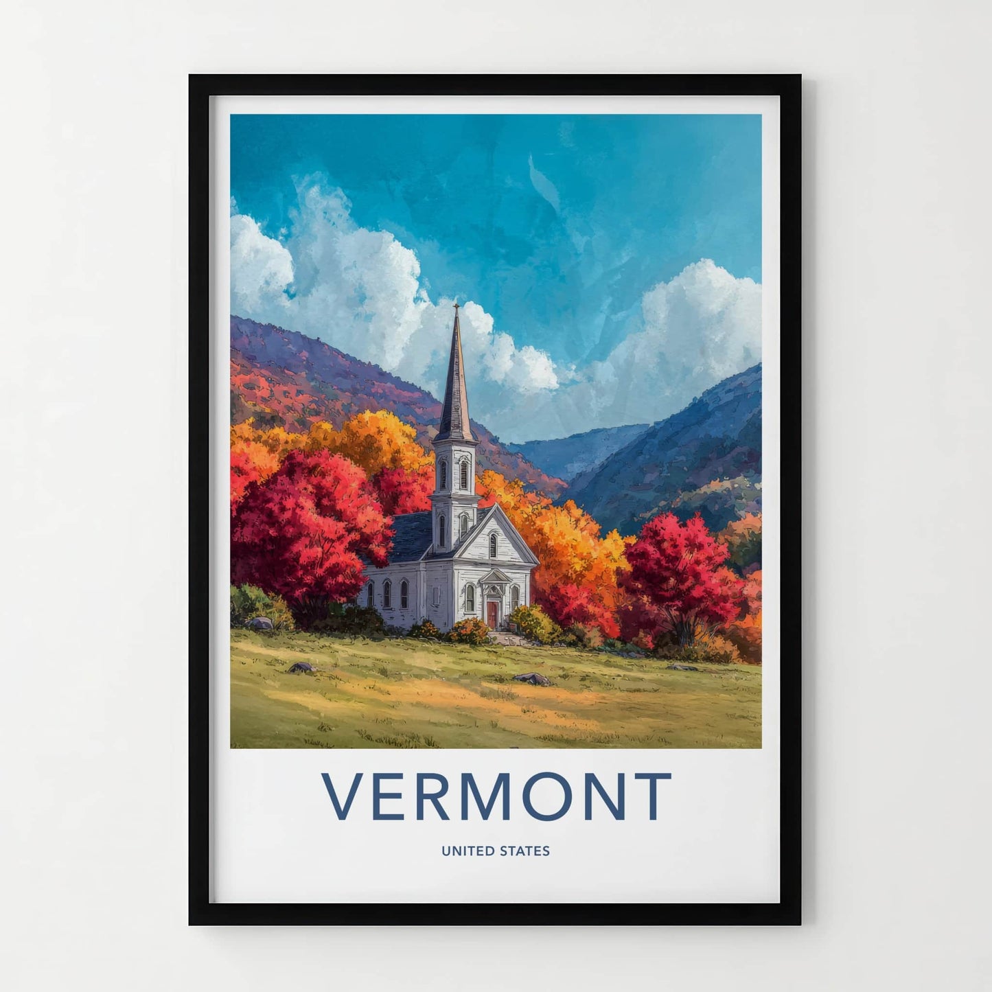 Vermont Poster - Vermont Travel Art - Hillside White Church Home Decor