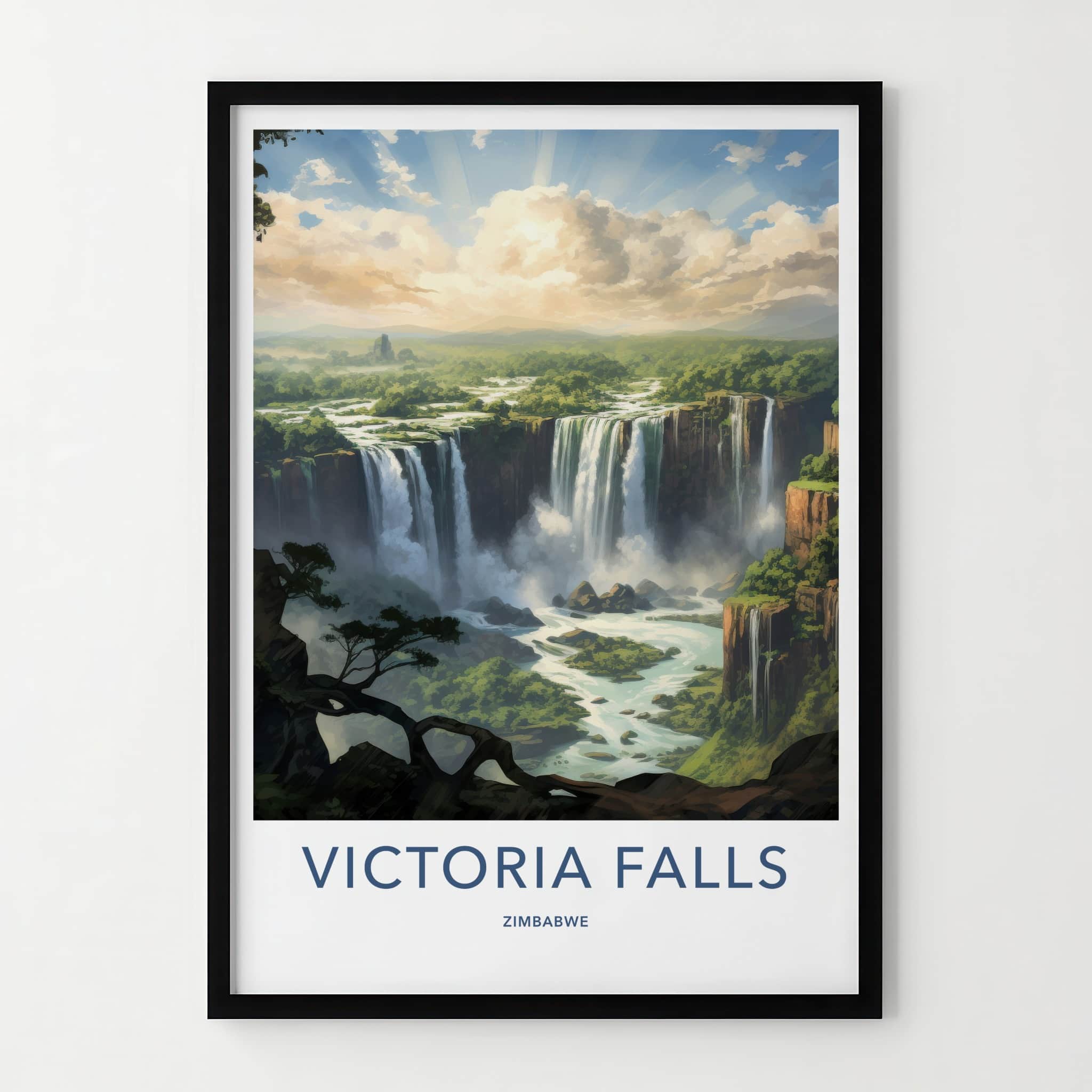 Victoria Falls Poster - Zimbabwe Travel Art - Cascading River Falls Home Decor