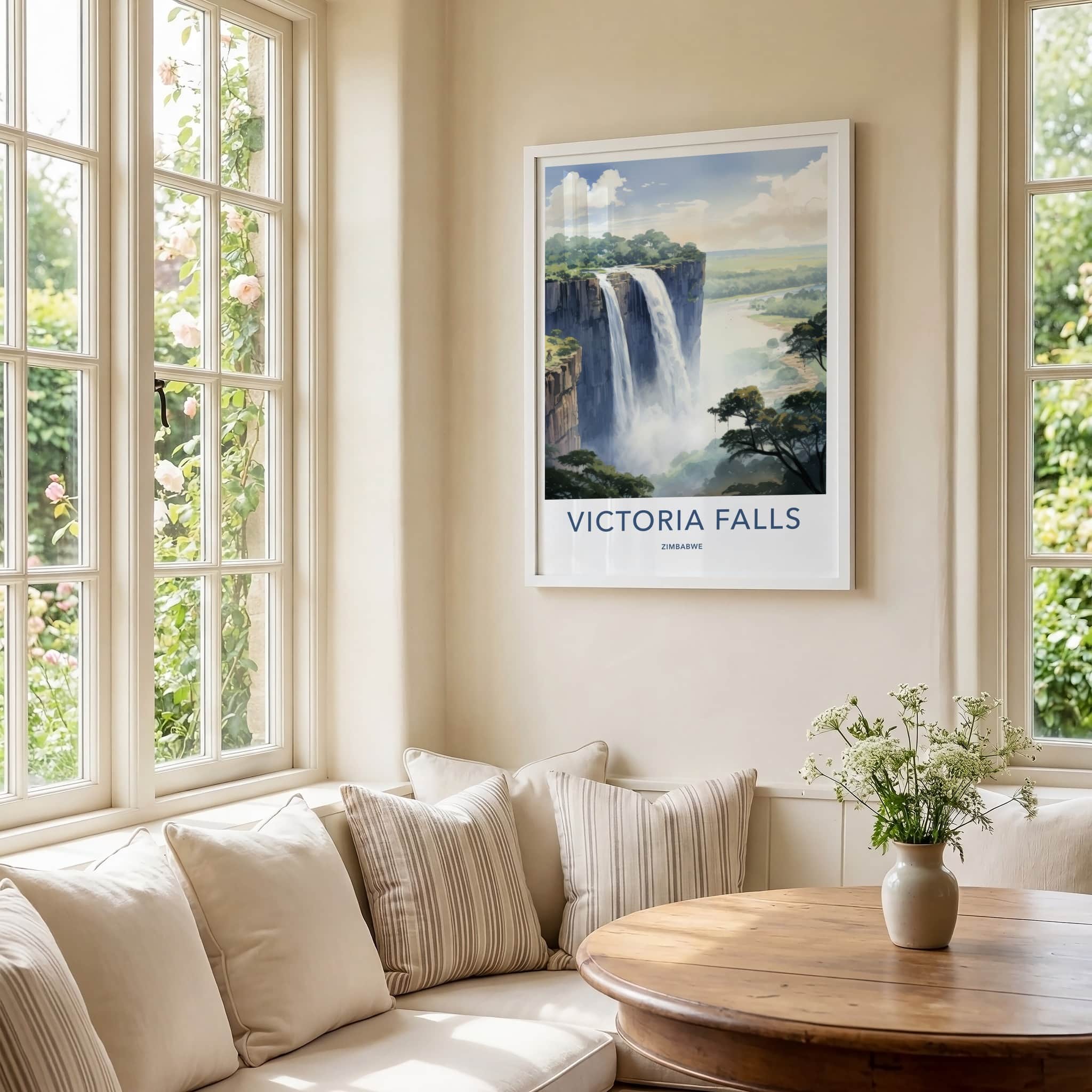Victoria Falls Poster - Zimbabwe Travel Art - Cascading Water Mist Home Decor