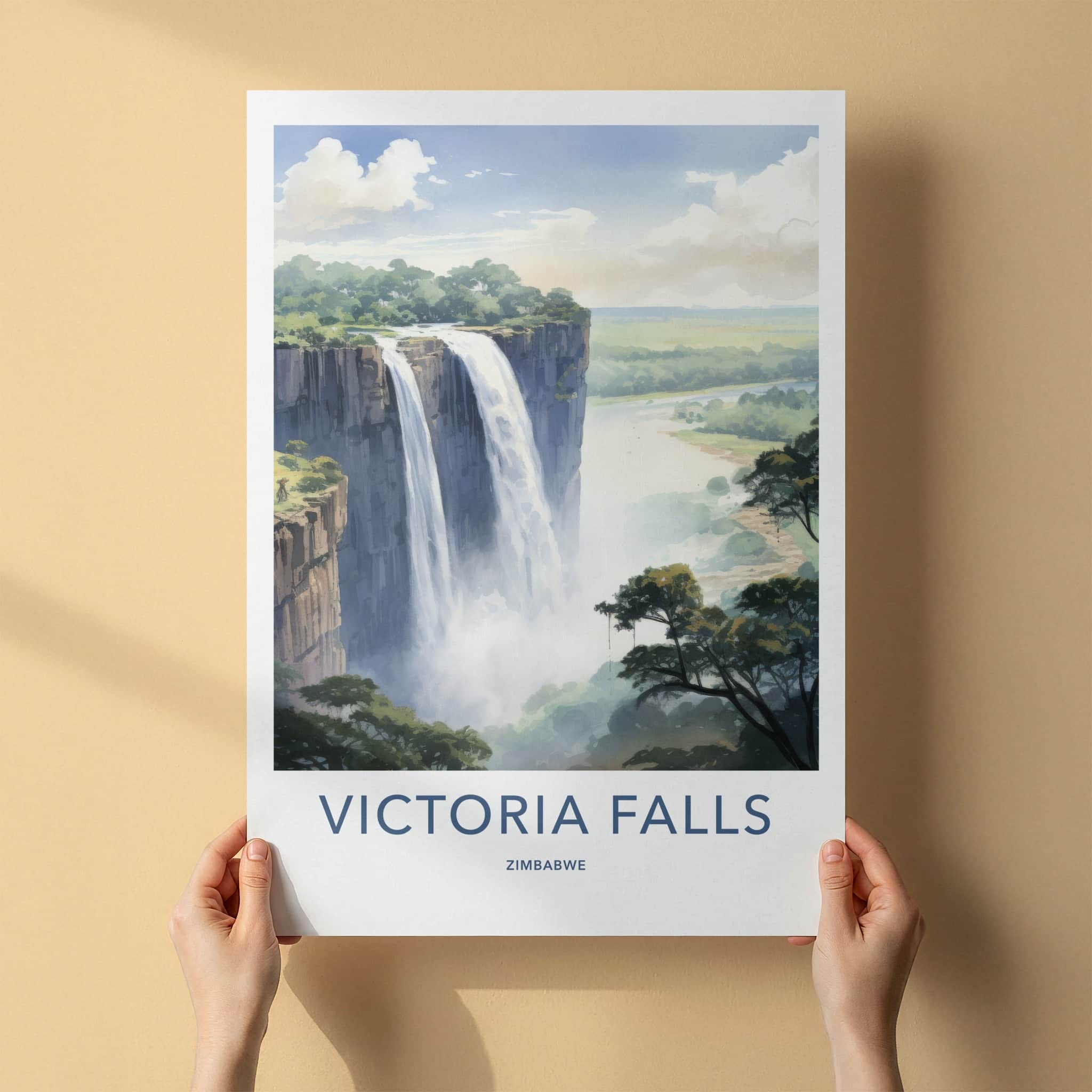 Victoria Falls Poster - Zimbabwe Travel Art - Cascading Water Mist Home Decor