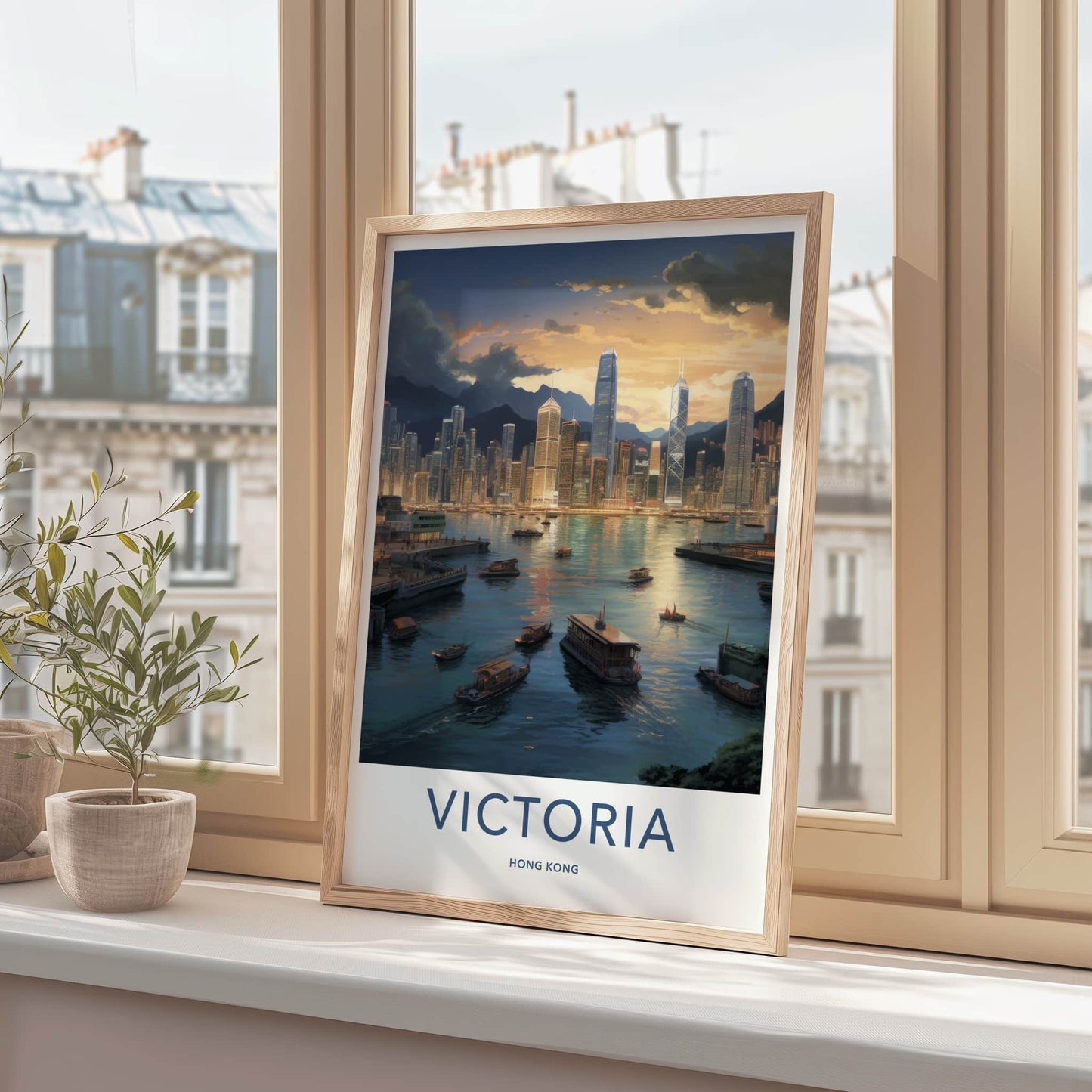 Victoria Harbour Poster - Hong Kong Travel Art - Twilight City Boats Home Decor