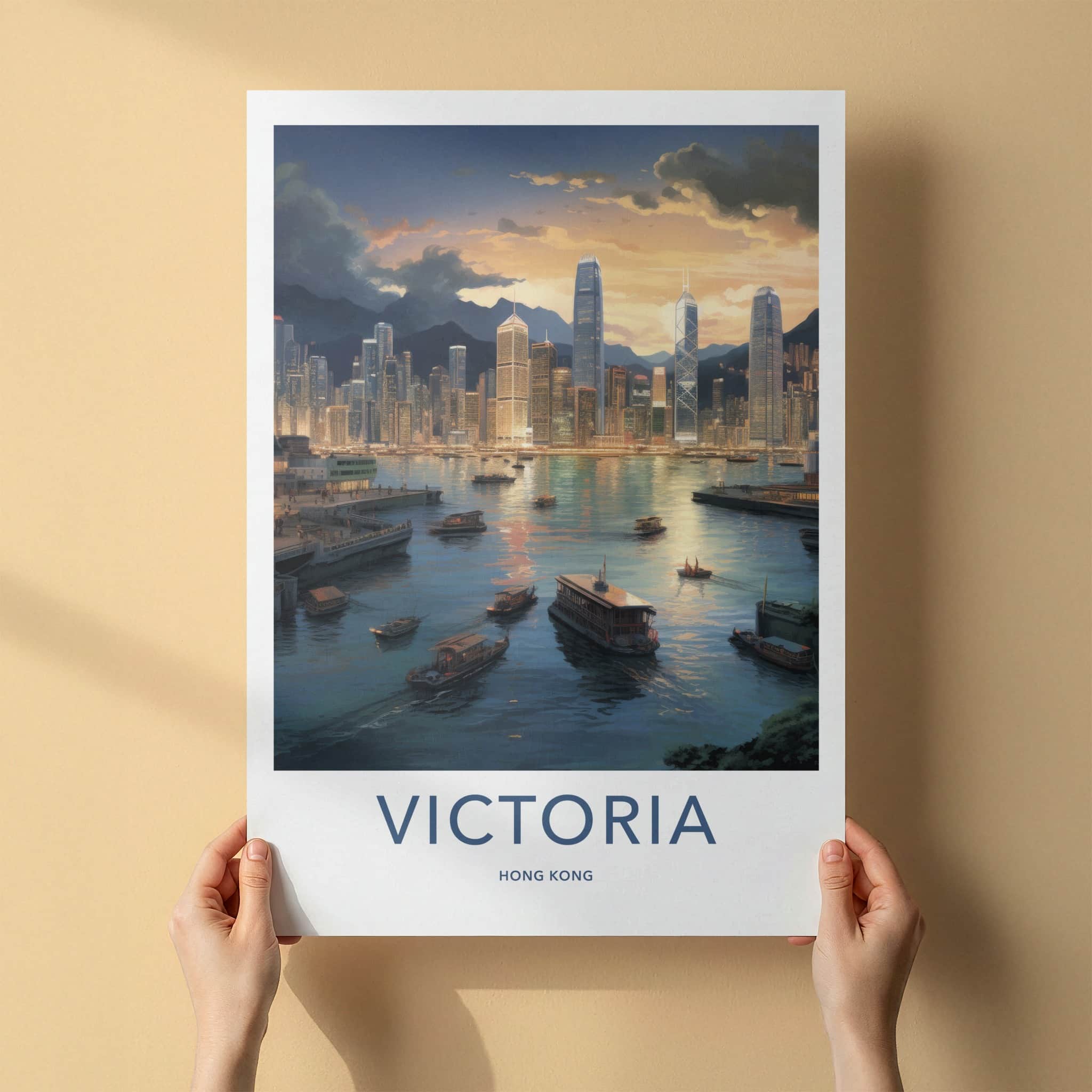 Victoria Harbour Poster - Hong Kong Travel Art - Twilight City Boats Home Decor