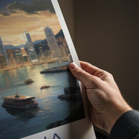 Victoria Harbour Poster - Hong Kong Travel Art - Twilight City Boats Home Decor