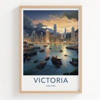 Victoria Harbour Poster - Hong Kong Travel Art - Twilight City Boats Home Decor