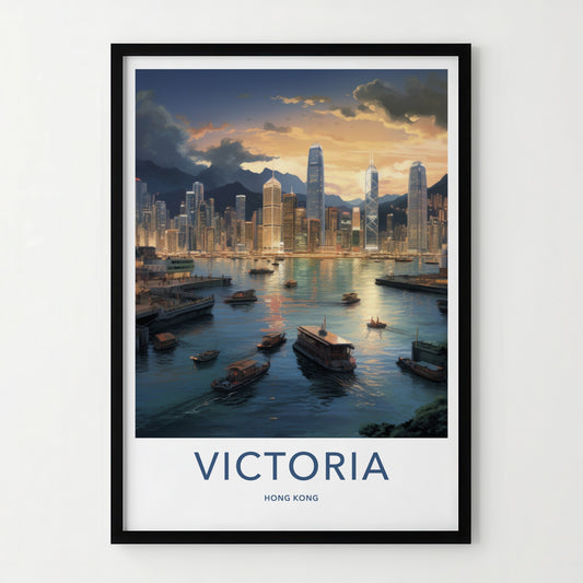 Victoria Harbour Poster - Hong Kong Travel Art - Twilight City Boats Home Decor
