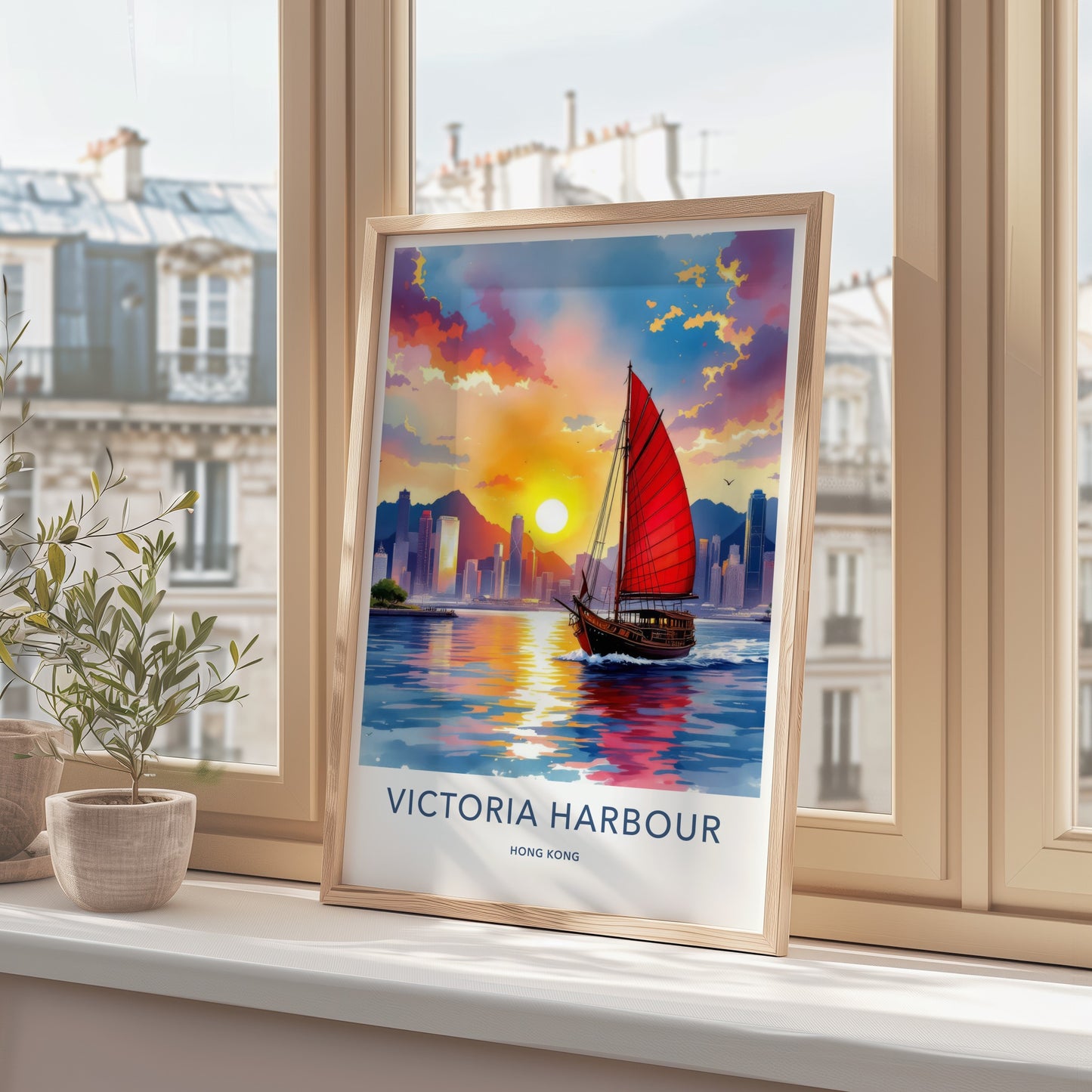 Victoria Harbour Poster - Hong Kong Travel Art - Warm Asia Sunset Wall Decor