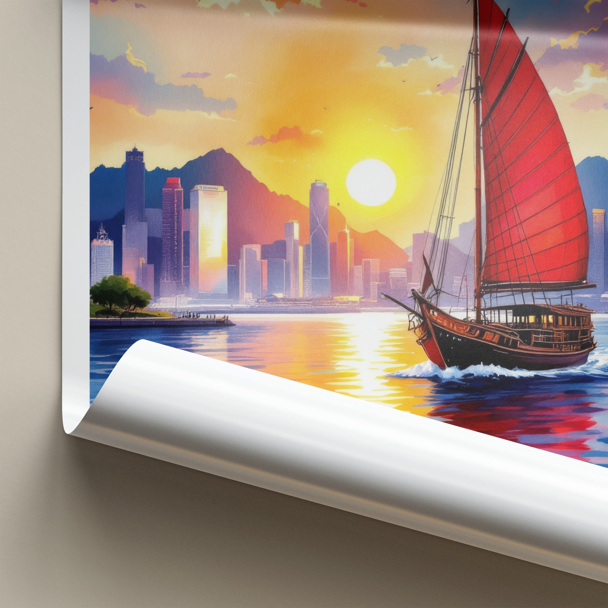 Victoria Harbour Poster - Hong Kong Travel Art - Warm Asia Sunset Wall Decor