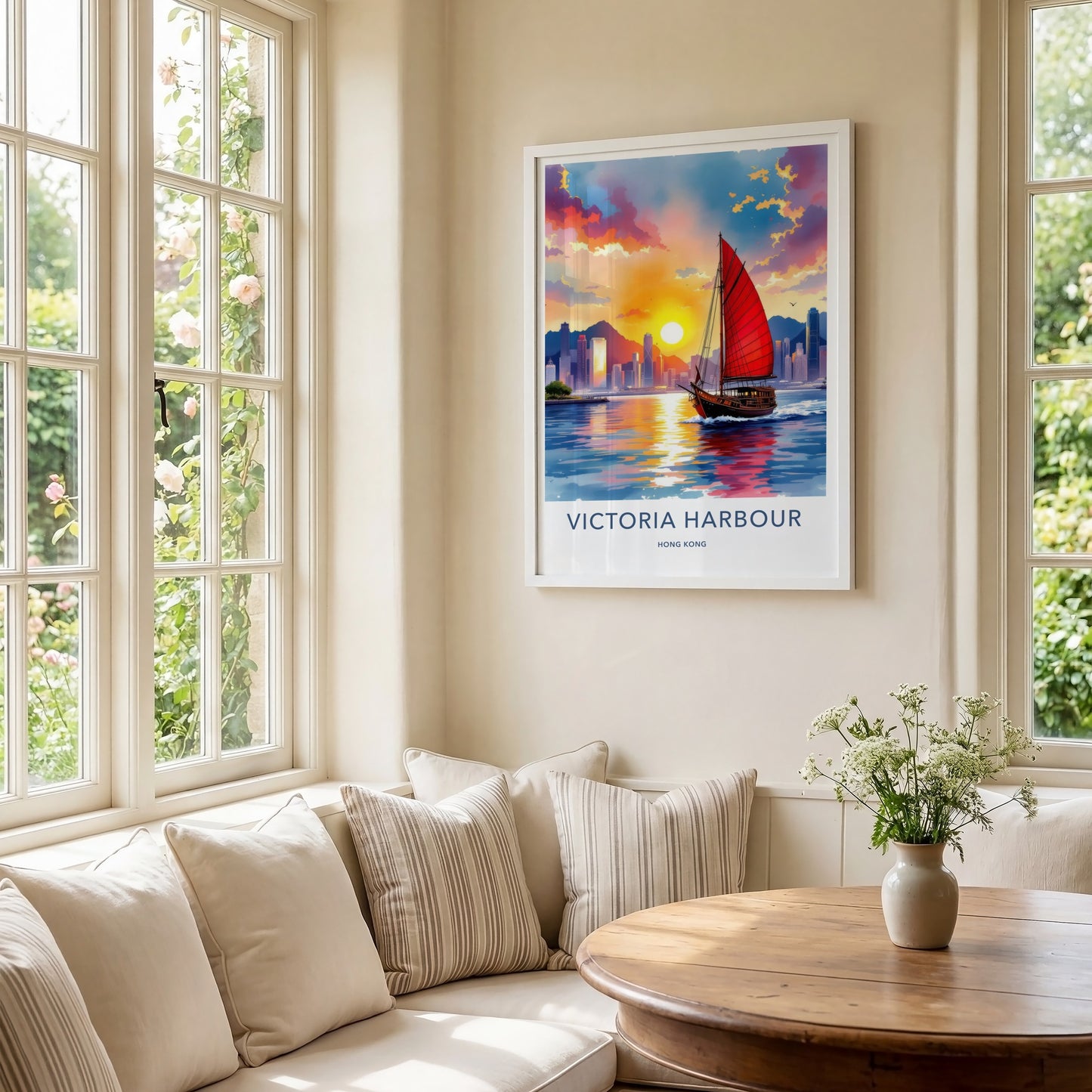 Victoria Harbour Poster - Hong Kong Travel Art - Warm Asia Sunset Wall Decor