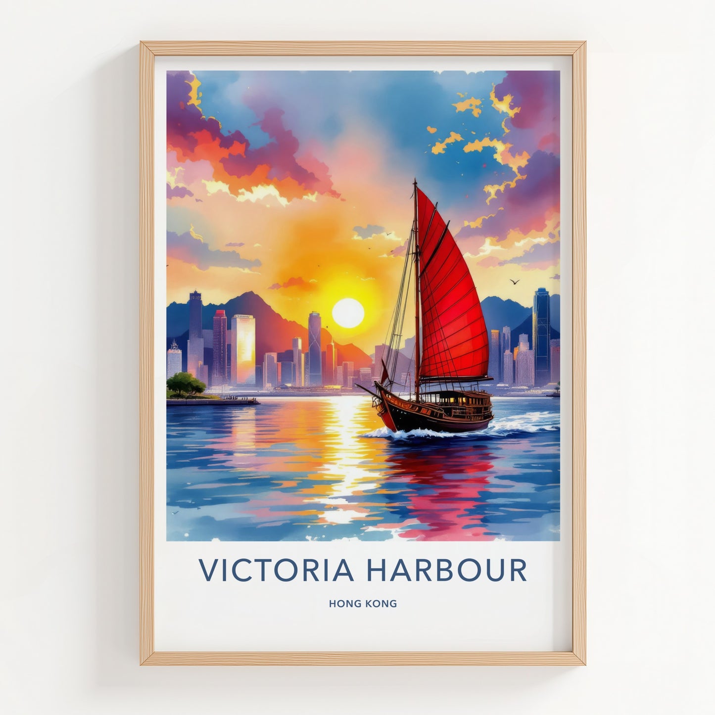 Victoria Harbour Poster - Hong Kong Travel Art - Warm Asia Sunset Wall Decor