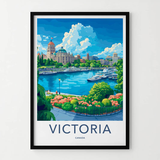 Victoria Poster - Canada Travel Art - Colorful Harbor Boats Home Decor