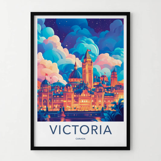 Victoria Poster - Canada Travel Art - Colorful Skyline Night Home Decor