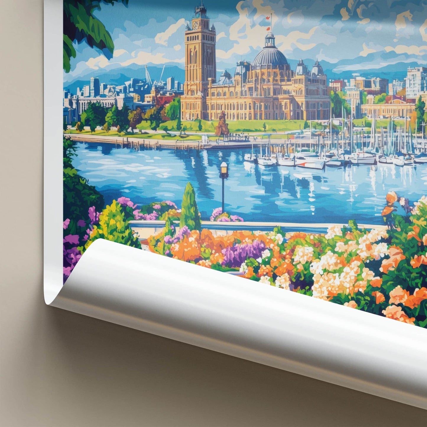 Victoria Poster - Canada Travel Art - Parliament Harbor Flowers Home Decor