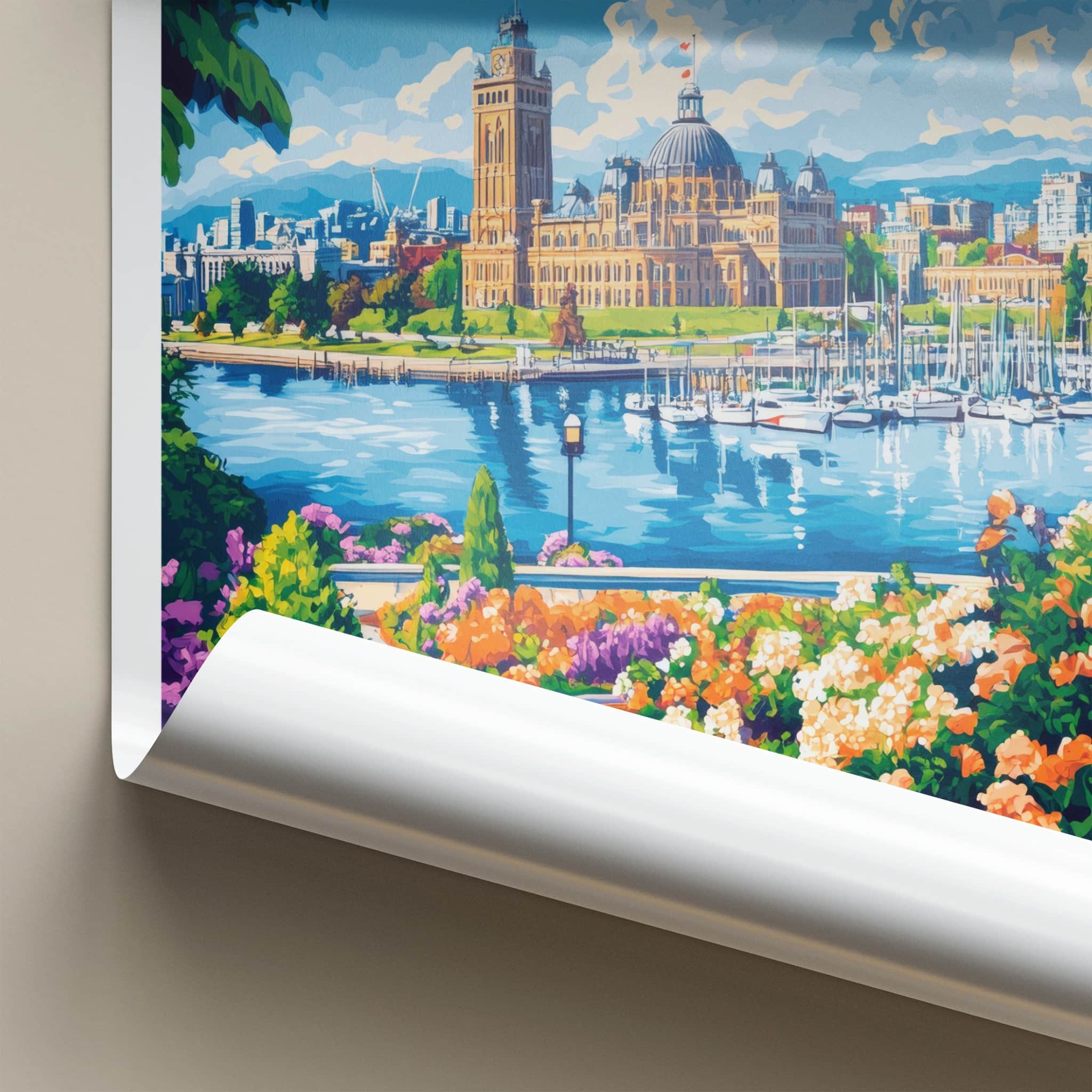 Victoria Poster - Canada Travel Art - Parliament Harbor Flowers Home Decor