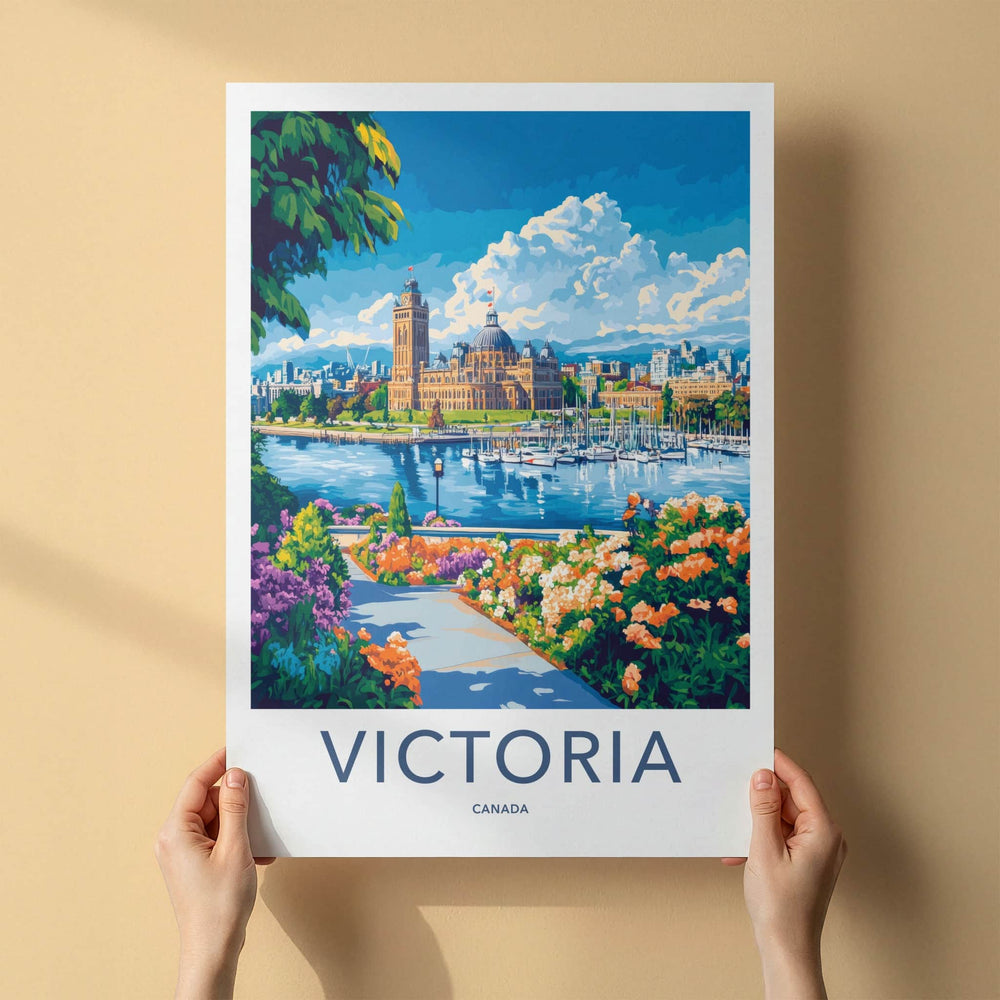 Victoria Poster - Canada Travel Art - Parliament Harbor Flowers Home Decor