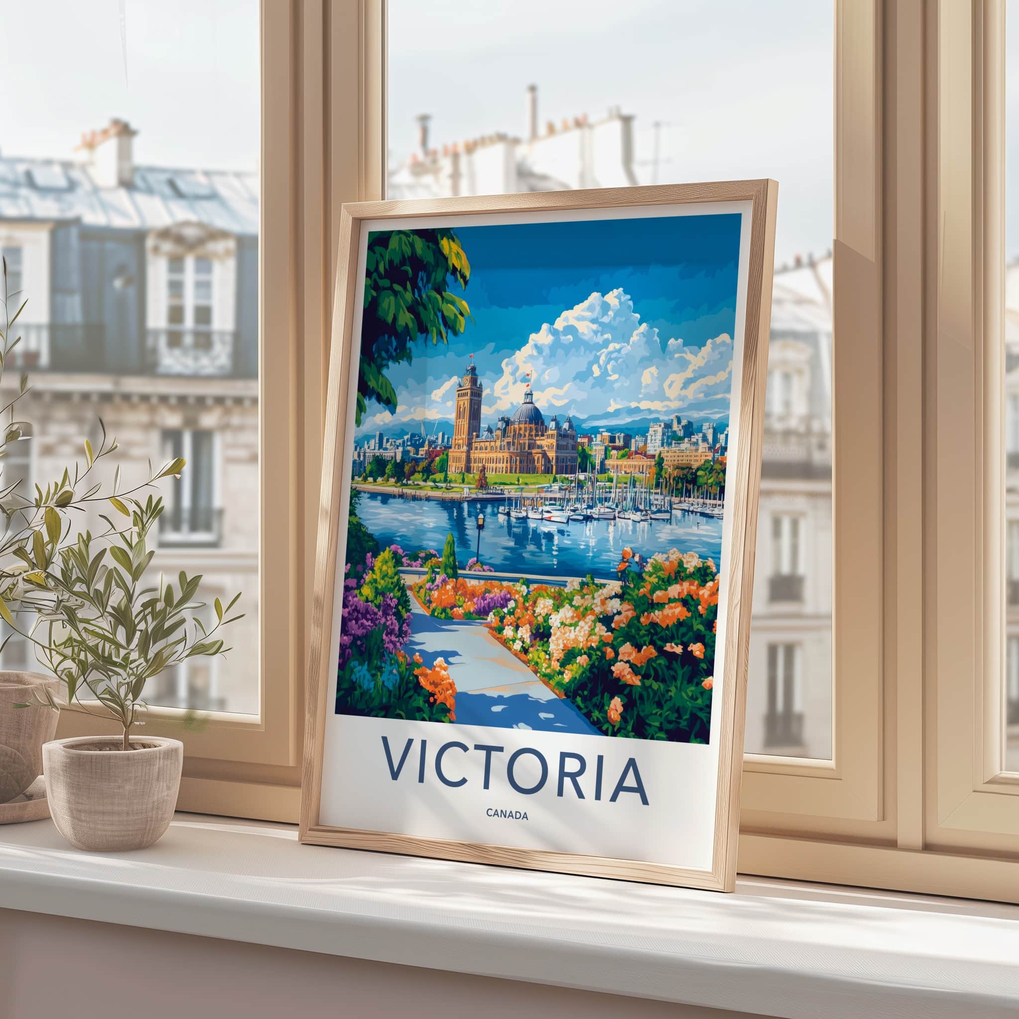 Victoria Poster - Canada Travel Art - Parliament Harbor Flowers Home Decor