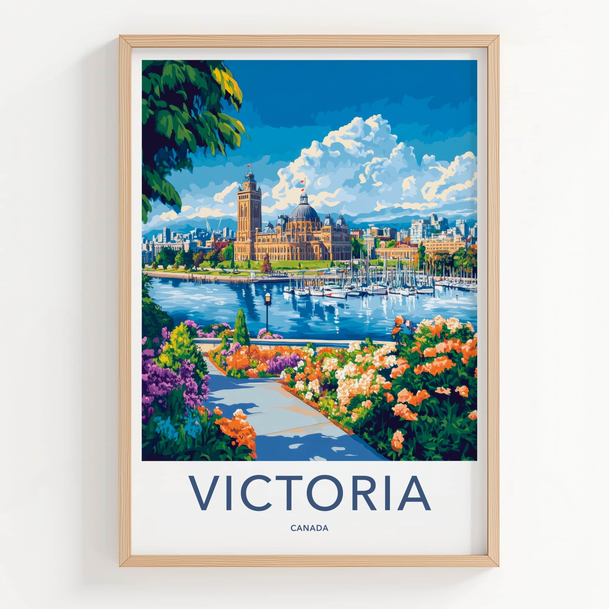 Victoria Poster - Canada Travel Art - Parliament Harbor Flowers Home Decor