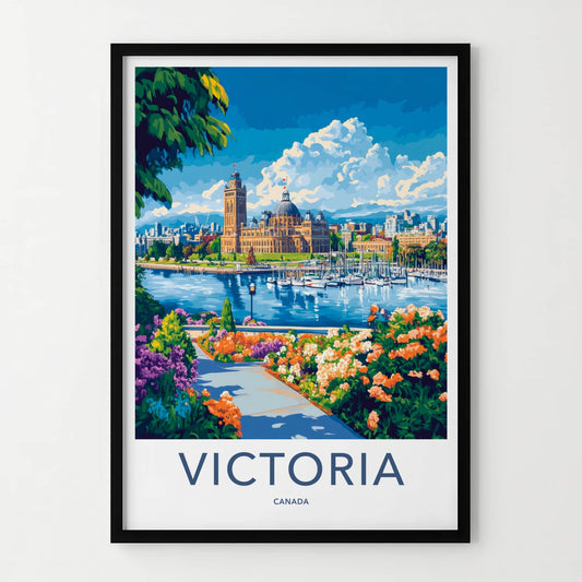 Victoria Poster - Canada Travel Art - Parliament Harbor Flowers Home Decor