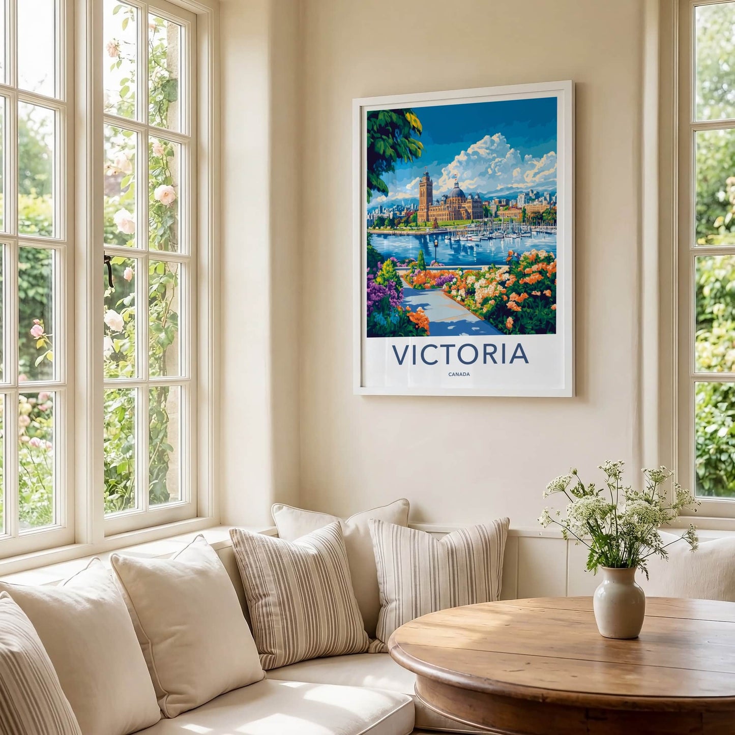 Victoria Poster - Canada Travel Art - Parliament Harbor Flowers Home Decor
