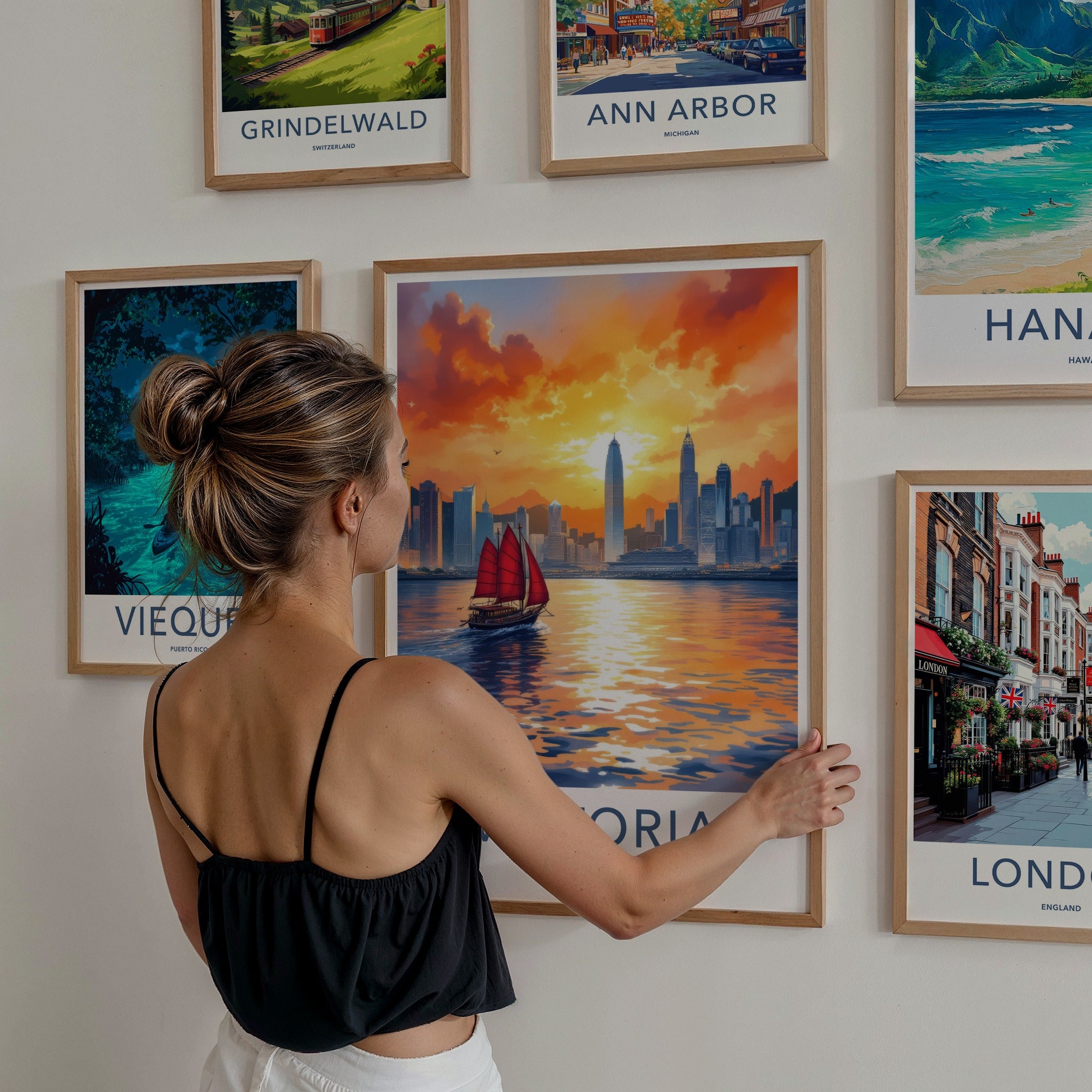Victoria Poster - Hong Kong Framed Art - Red Sail Sunset Home Decor