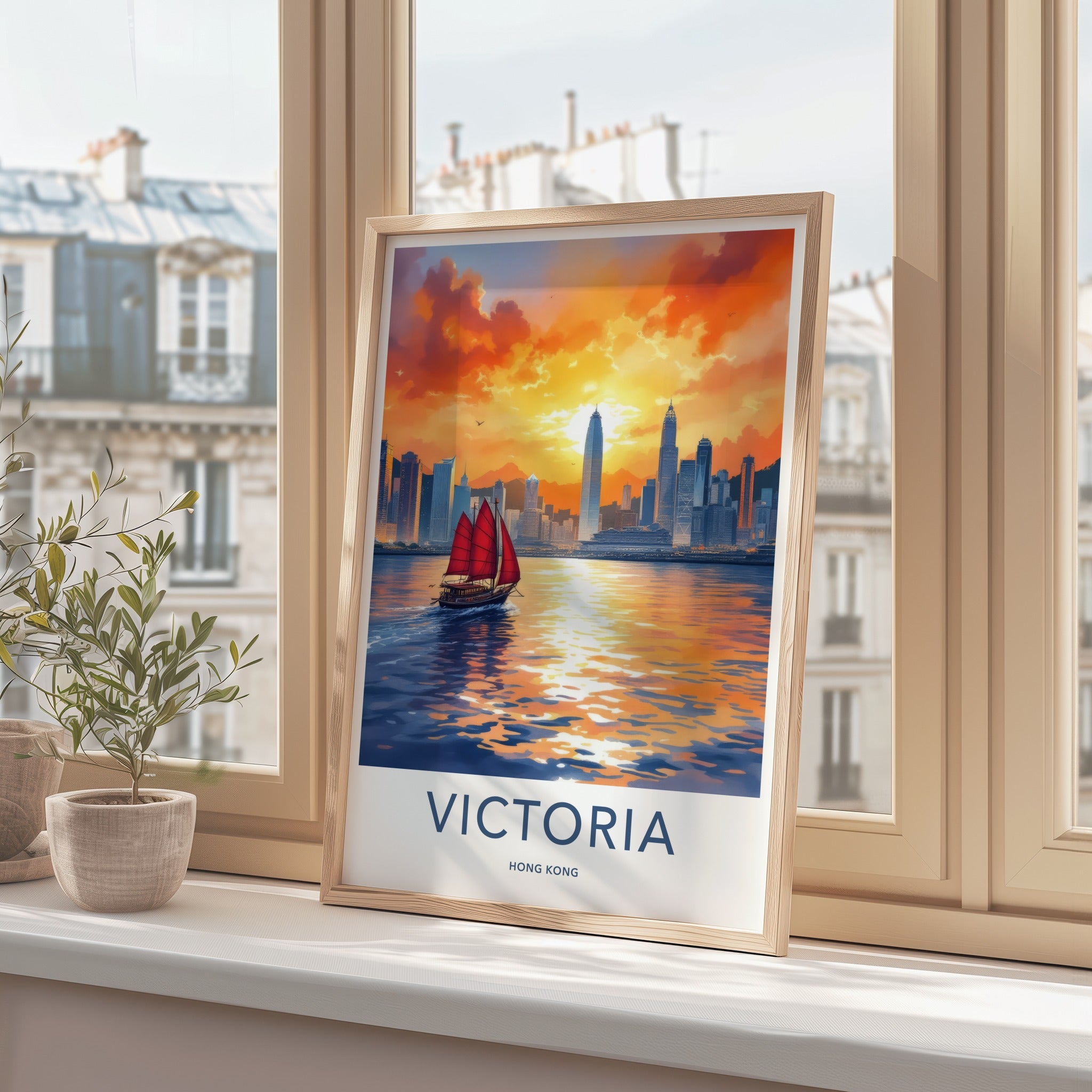 Victoria Poster - Hong Kong Framed Art - Red Sail Sunset Home Decor