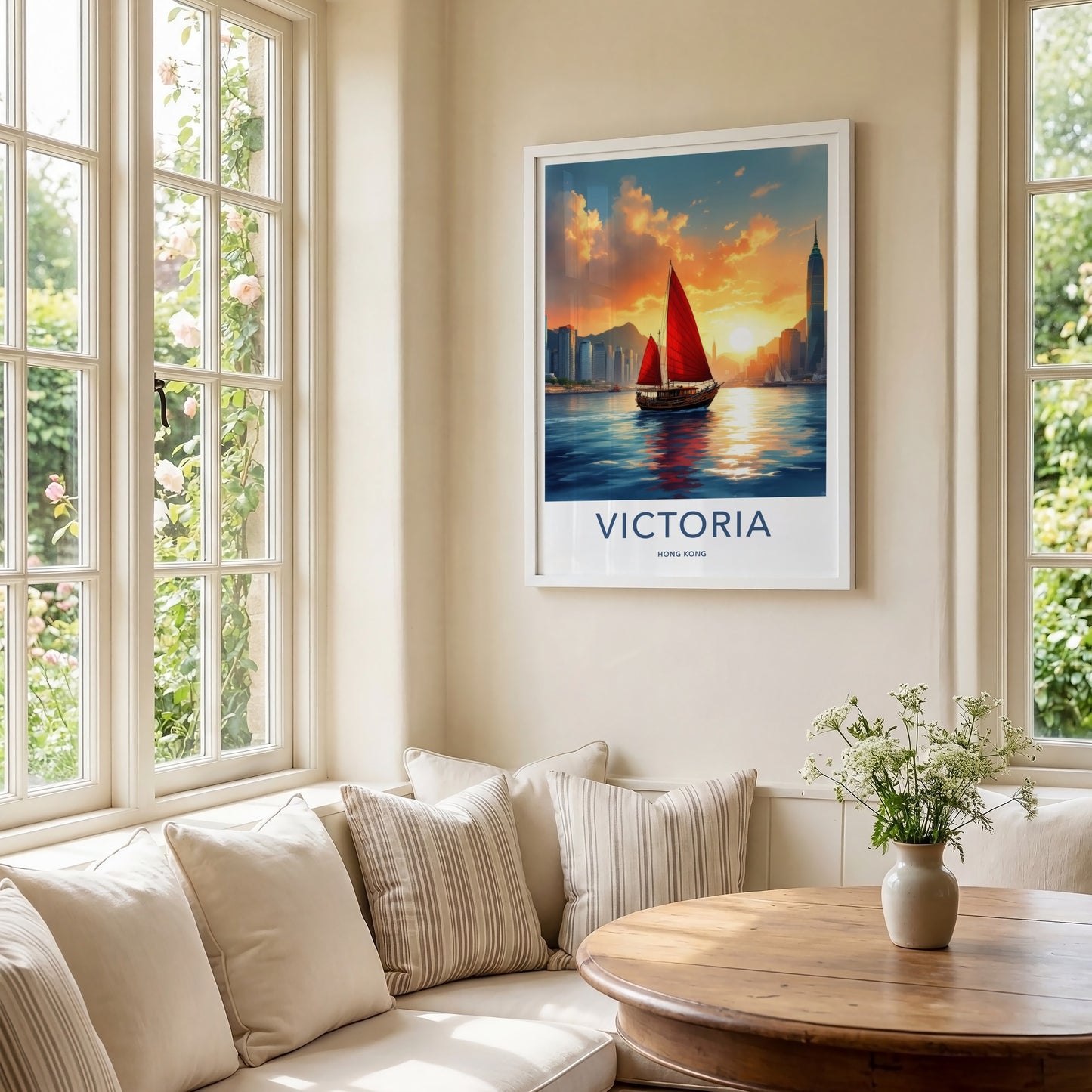 Victoria Poster - Hong Kong Framed Print - Calming Boat Sunset Lounge Decor