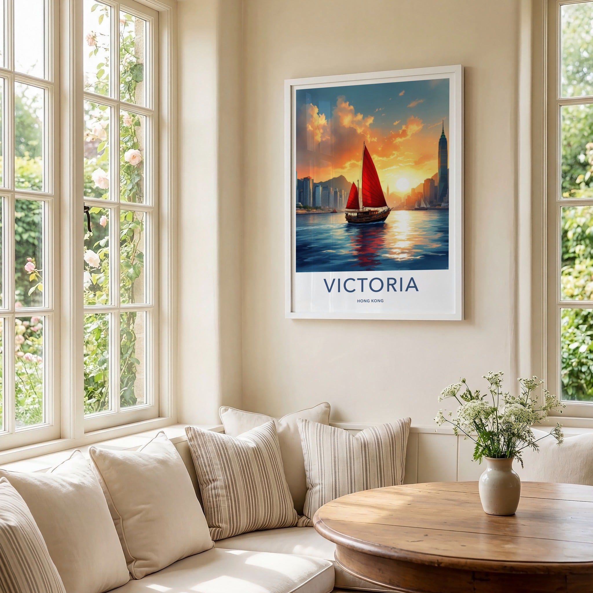 Victoria Poster - Hong Kong Framed Print - Calming Boat Sunset Lounge Decor