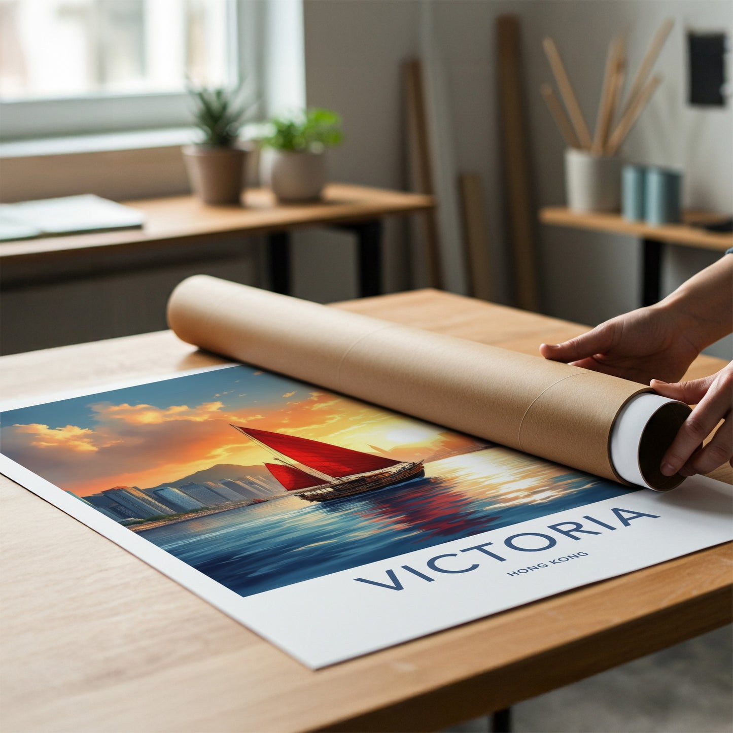 Victoria Poster - Hong Kong Framed Print - Calming Boat Sunset Lounge Decor
