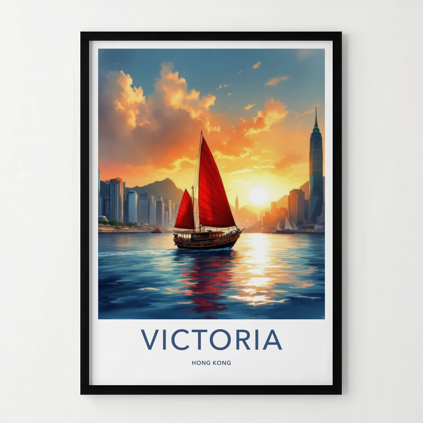 Victoria Poster - Hong Kong Framed Print - Calming Boat Sunset Lounge Decor