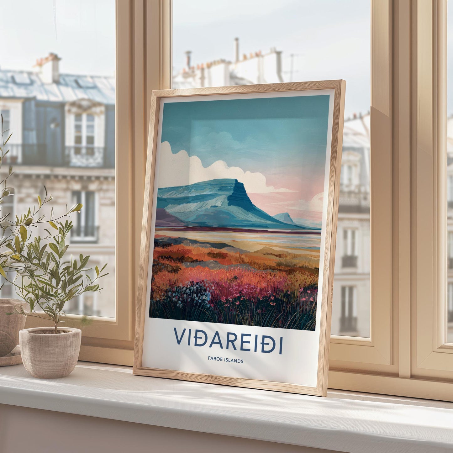 Vidareidi Poster - Faroe Islands Travel Art - Rugged Mountain Scenery Wall Decor