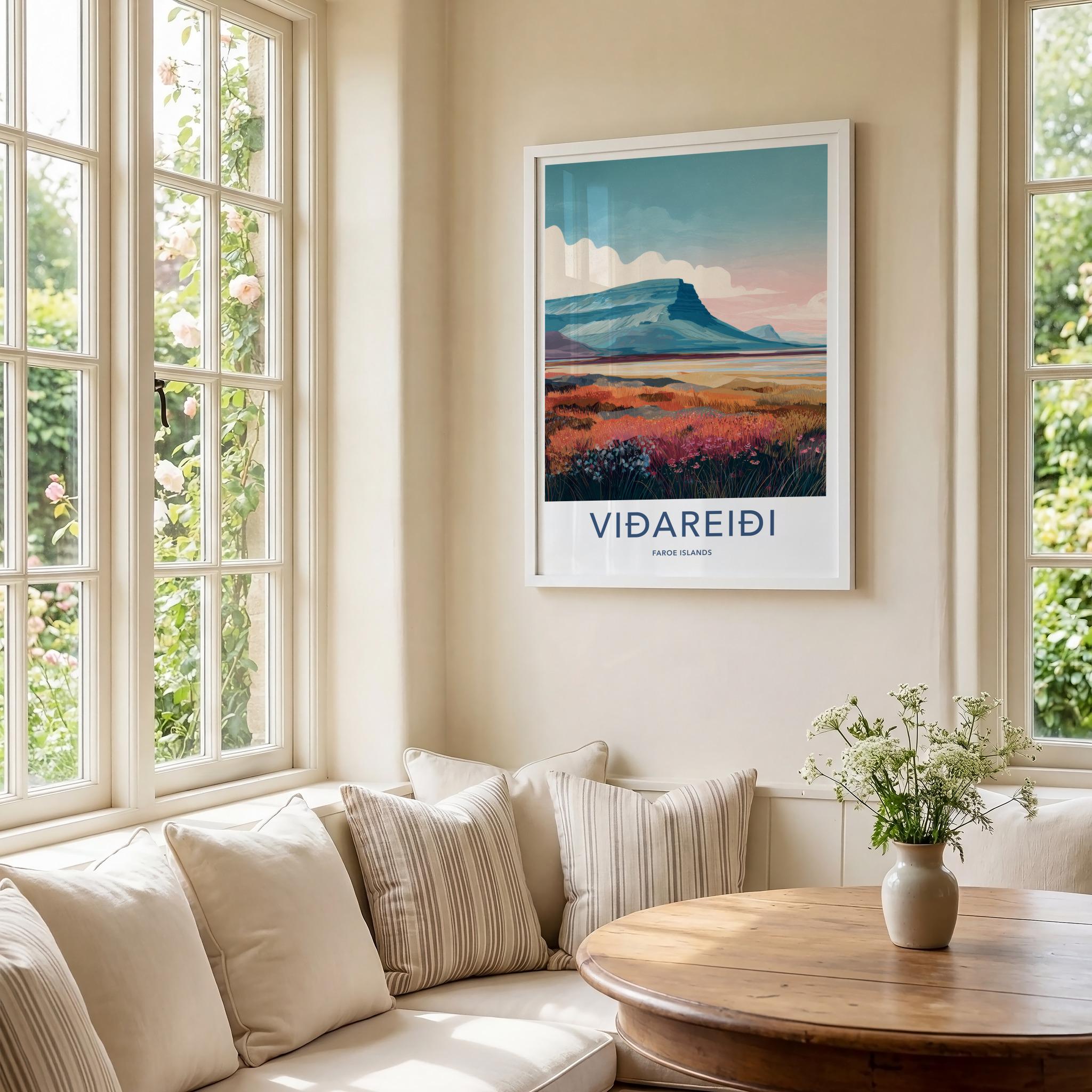 Vidareidi Poster - Faroe Islands Travel Art - Rugged Mountain Scenery Wall Decor