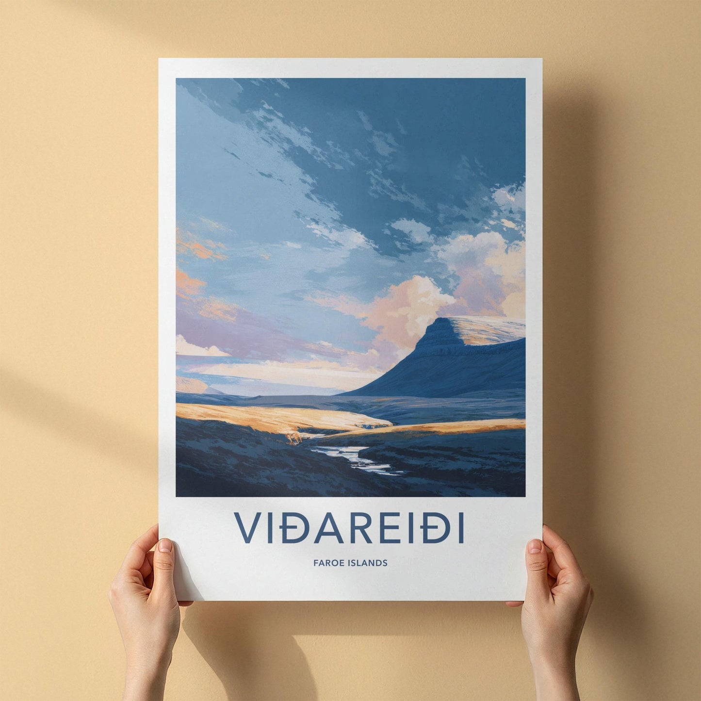 Vidareidi Poster - Faroe Islands Travel Art - Vivid Mountain Stream Wall Decor