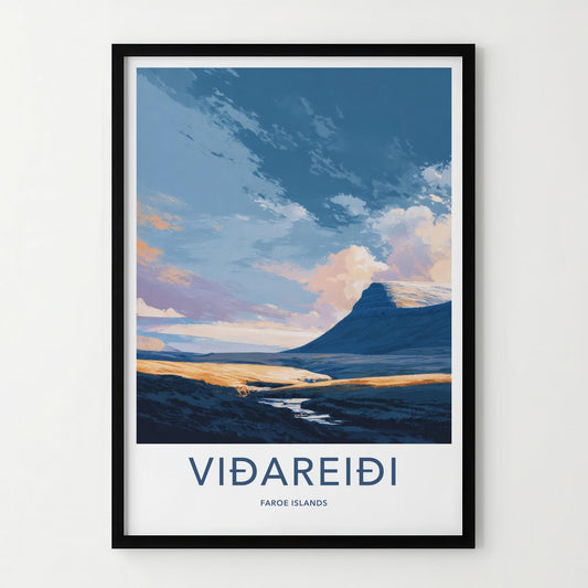 Vidareidi Poster - Faroe Islands Travel Art - Vivid Mountain Stream Wall Decor
