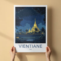 Vientiane Poster - Laos Travel Art - Glowing Pagoda Night Home Decor