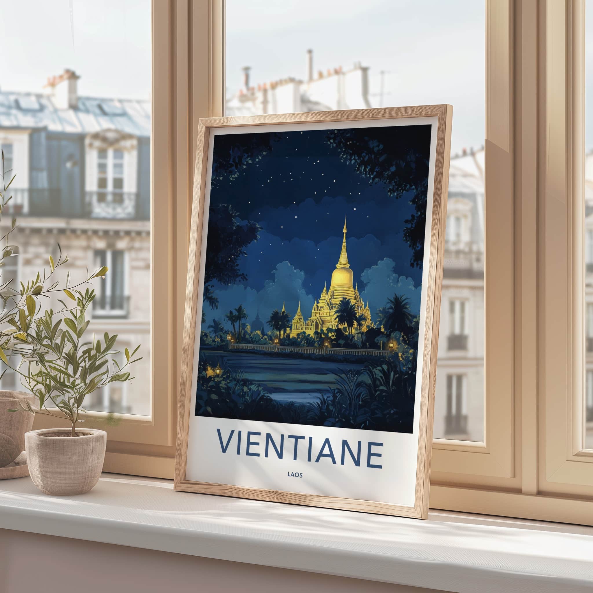 Vientiane Poster - Laos Travel Art - Glowing Pagoda Night Home Decor