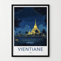 Vientiane Poster - Laos Travel Art - Glowing Pagoda Night Home Decor
