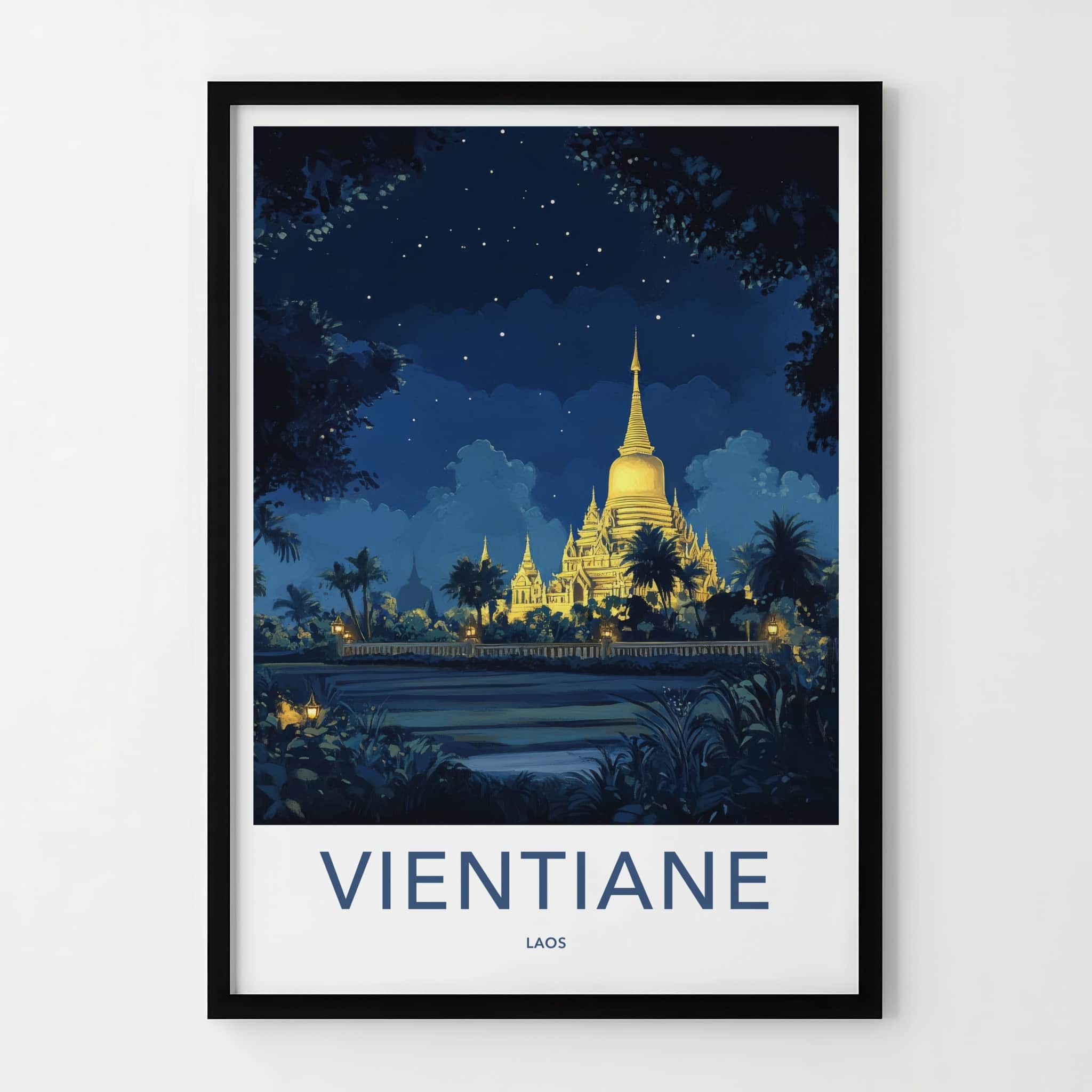 Vientiane Poster - Laos Travel Art - Glowing Pagoda Night Home Decor
