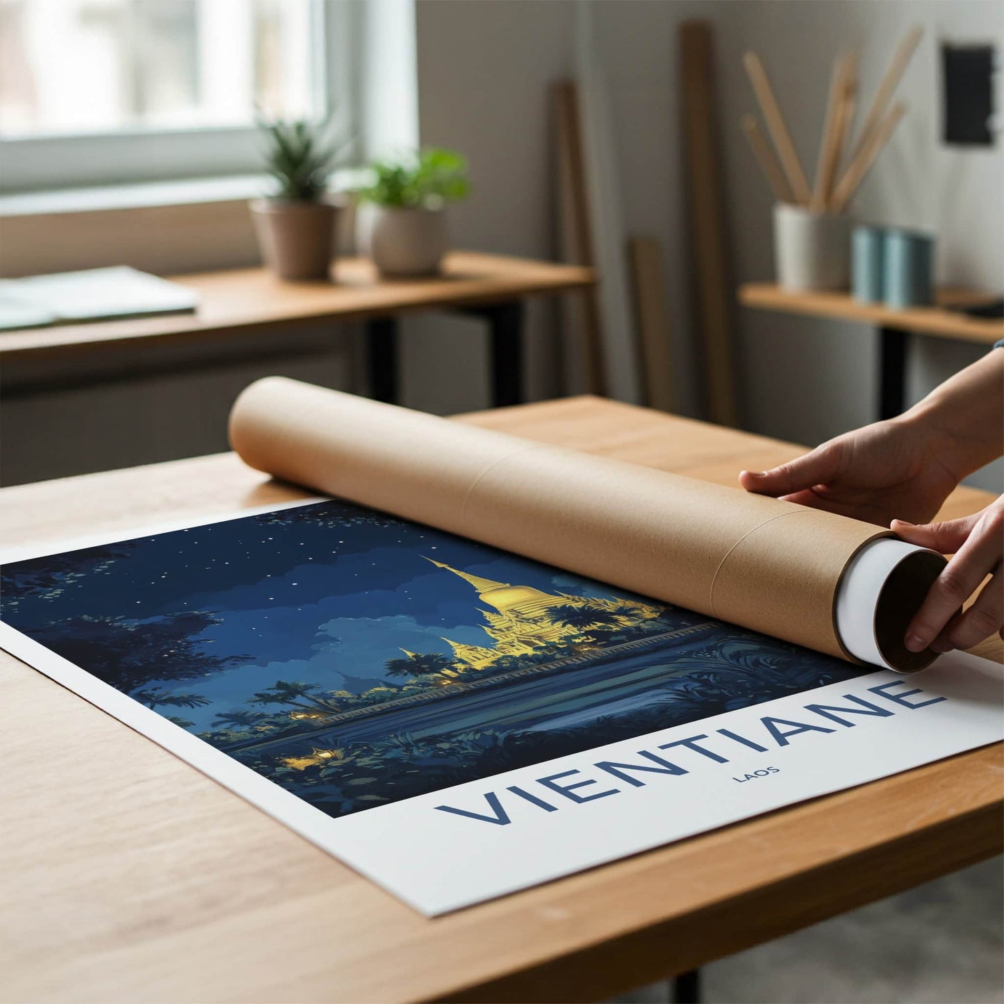 Vientiane Poster - Laos Travel Art - Glowing Pagoda Night Home Decor
