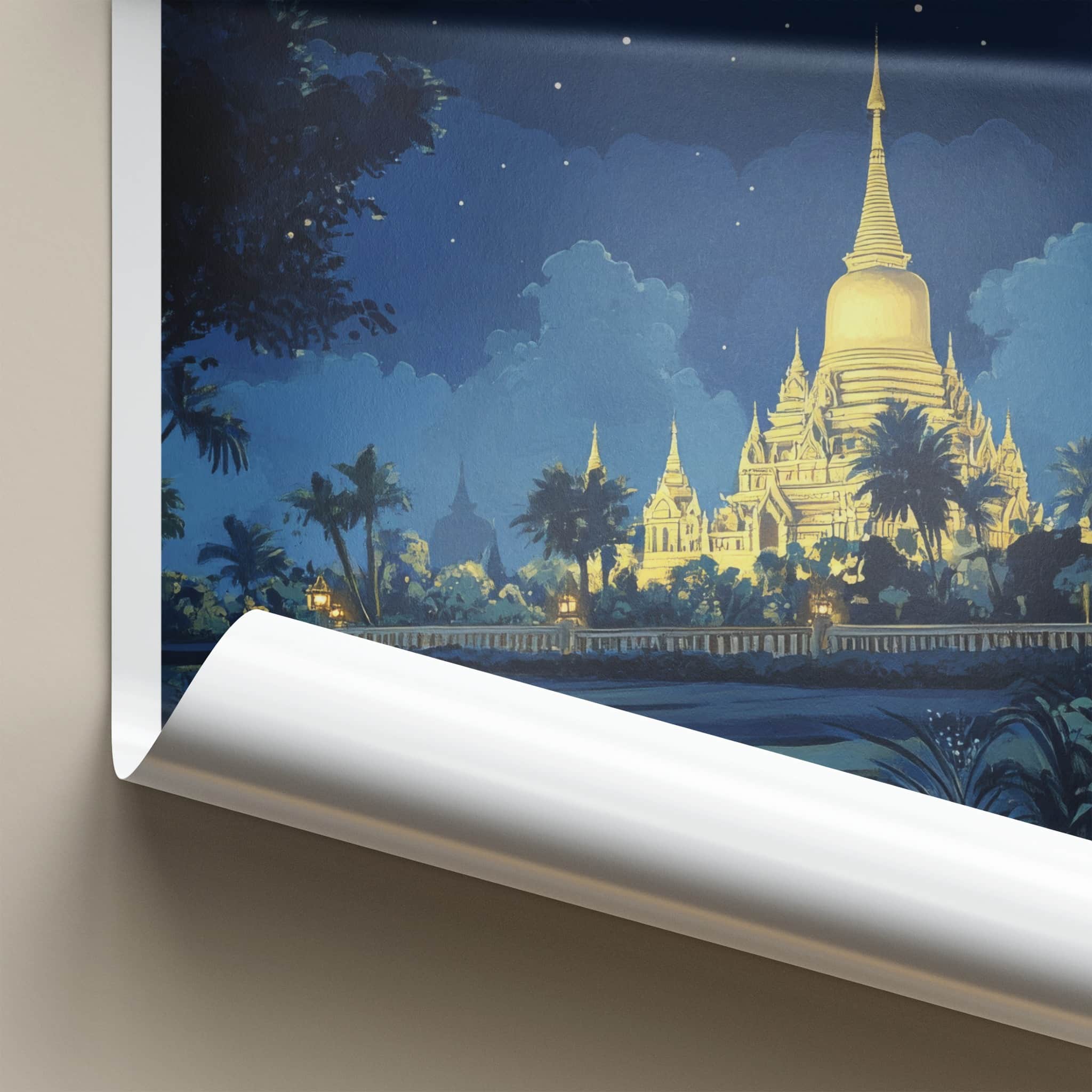 Vientiane Poster - Laos Travel Art - Glowing Pagoda Night Home Decor