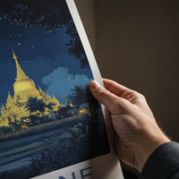Vientiane Poster - Laos Travel Art - Glowing Pagoda Night Home Decor